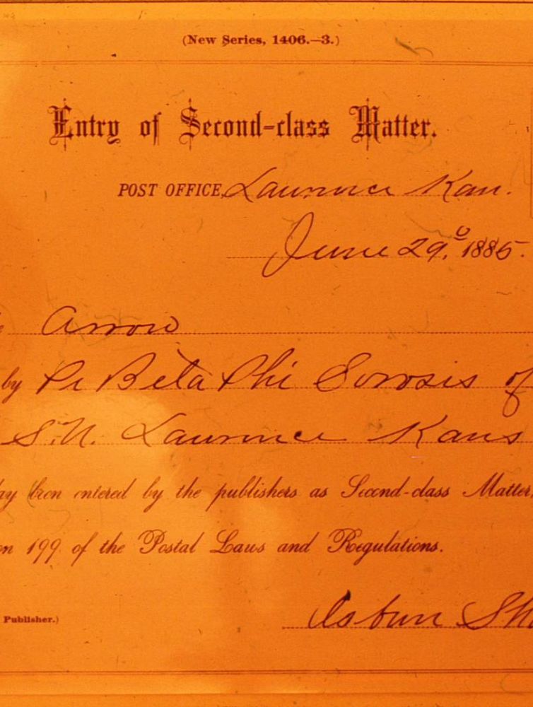 Historical 1886 postal document registering the Pi Beta Phi Arrow publication as second-class matter in Lawrence, Kansas
