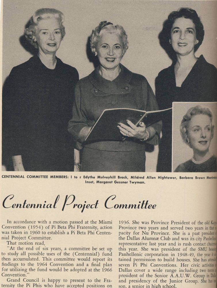 Black and white historical photograph of Pi Beta Phi Centennial Project Committee members Edythe Mulveyhill Brack, Mildred Allen Hightower, Barbara Brown Marlinda, and inset portrait of Margaret Gessner Twyman