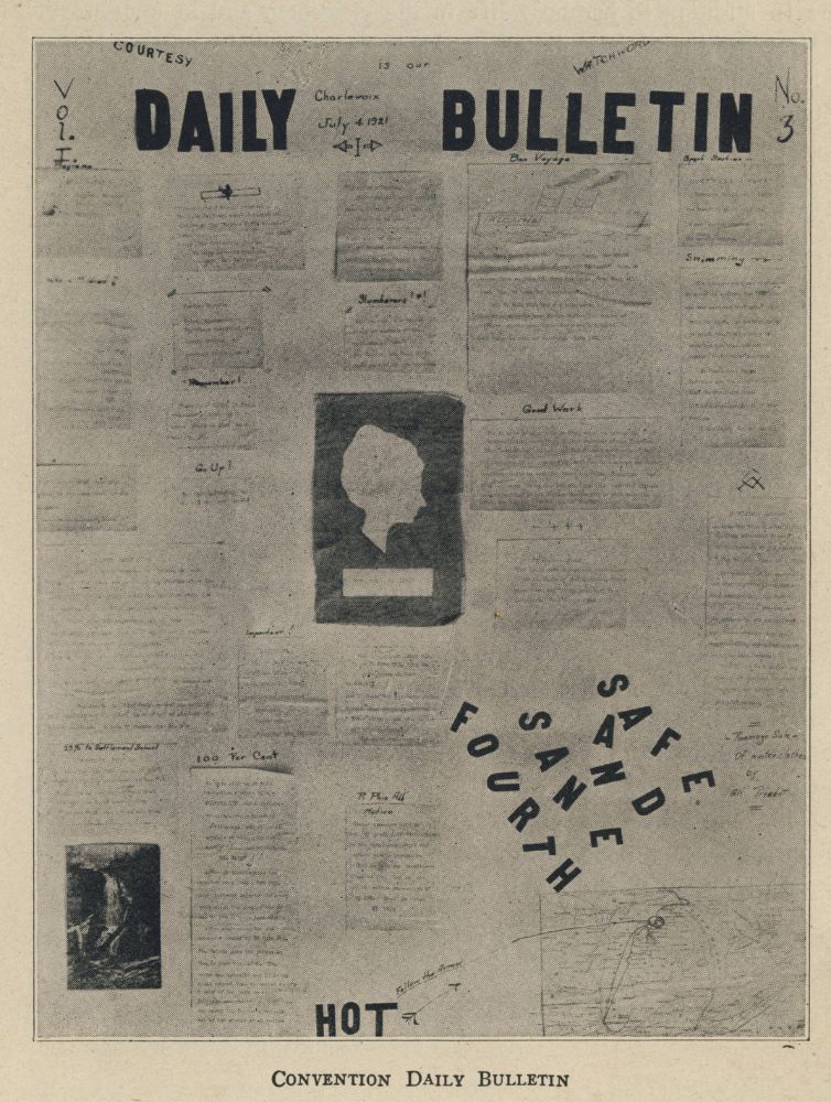 Historical Pi Beta Phi Convention Daily Bulletin newspaper from Charlevoix dated July 4, 1921 featuring handwritten articles and announcements