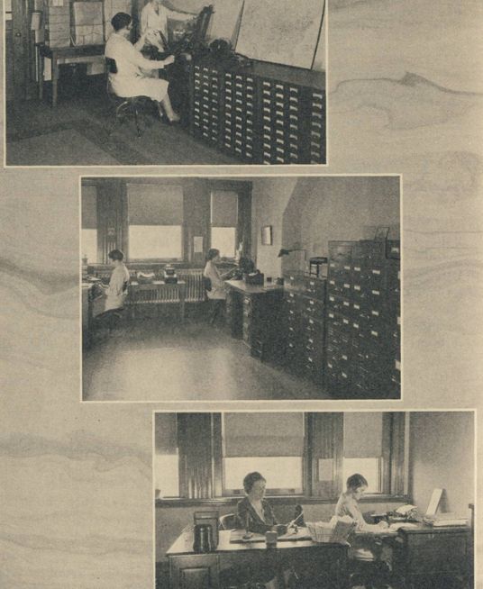 Collage of three black and white historical photographs showing Pi Beta Phi headquarters staff working at desks and filing cabinets in early 20th century offices