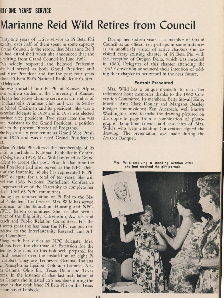 Historical magazine page featuring Pi Beta Phi Grand President Marianne Reid Wild receiving a standing ovation at her retirement from Grand Council after thirty-one years of service in 1962