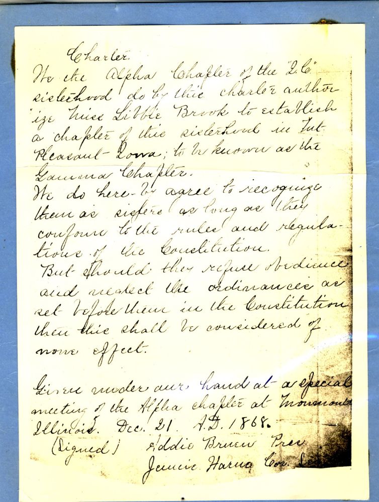 Handwritten Pi Beta Phi original charter document dated December 21, 1868, signed at the Alpha Chapter in Monmouth, Illinois