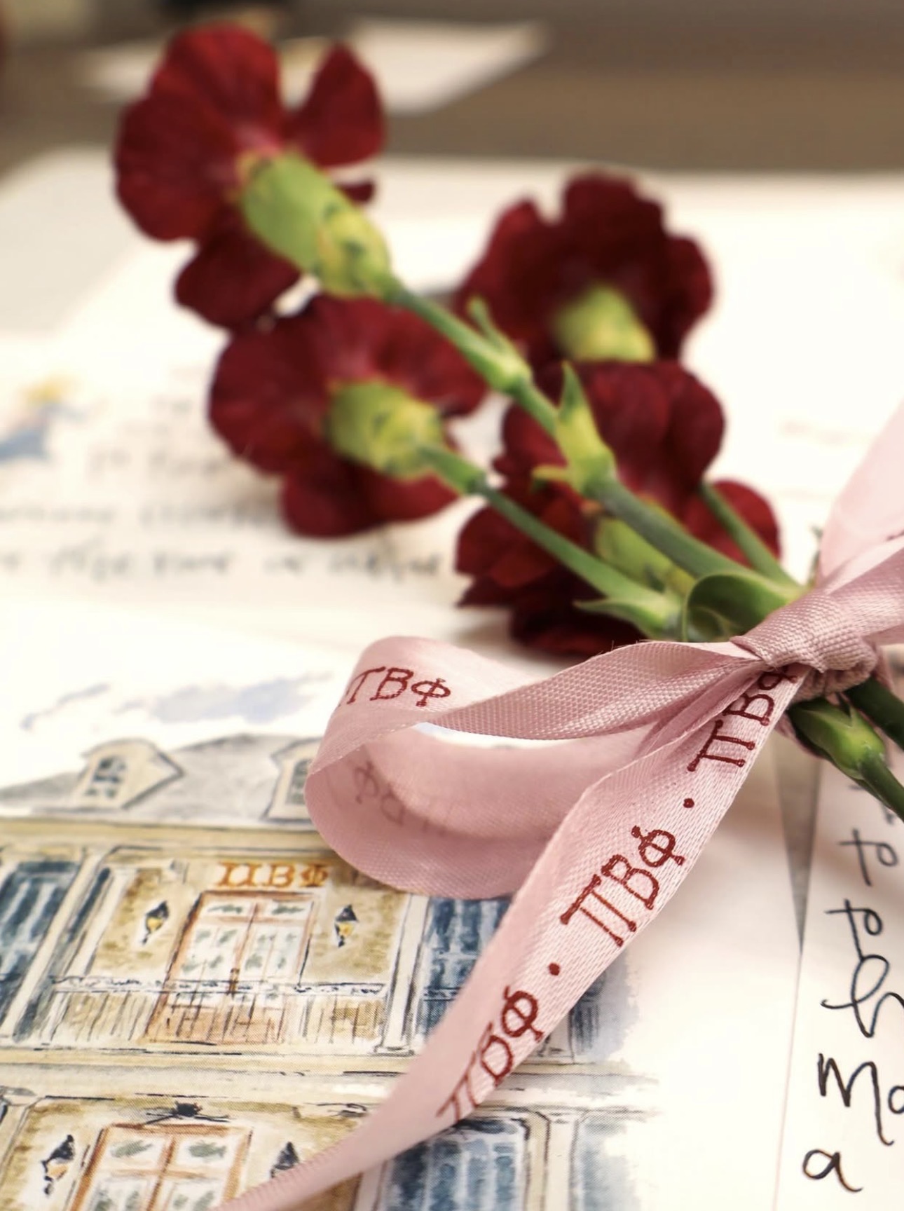 Wine carnations tied together with a pink bow with the Pi Beta Phi Greek letters