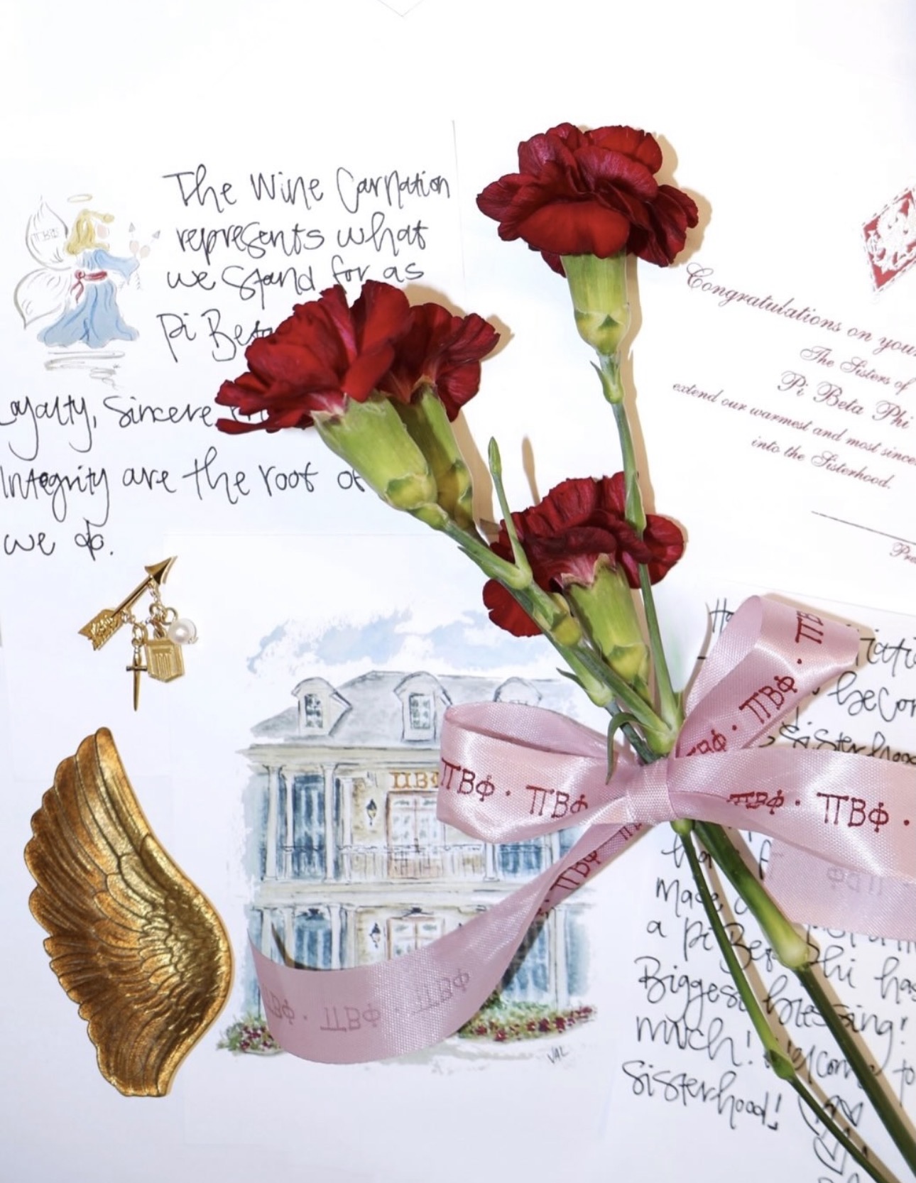 A graphic with three wine carnations, golden angel wings, the golden arrow Pi Beta Phi badge