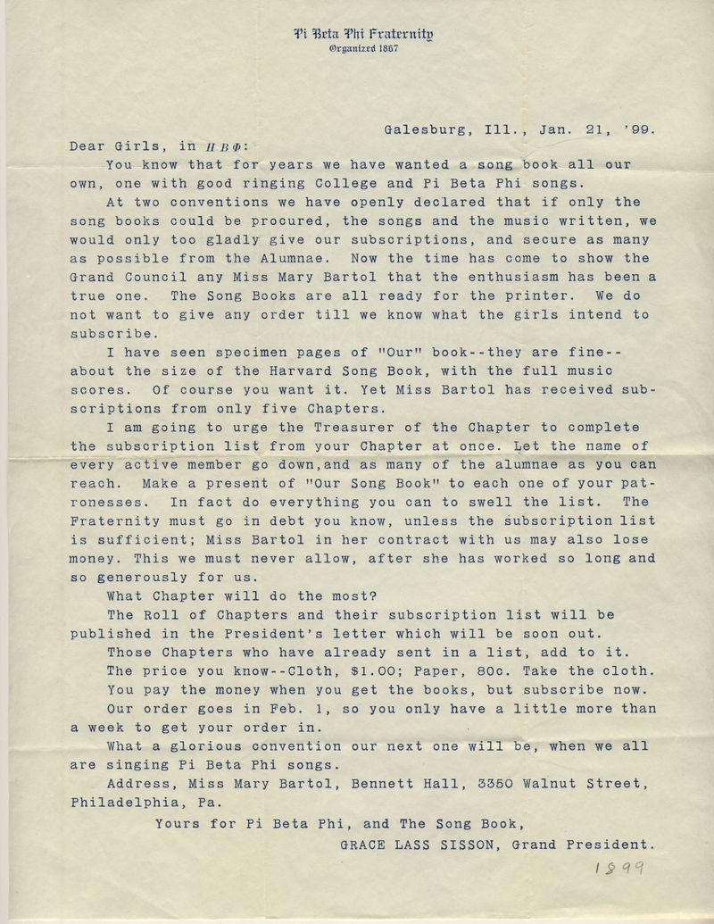 Letter asking members to purchase Pi Beta Phi's first songbook