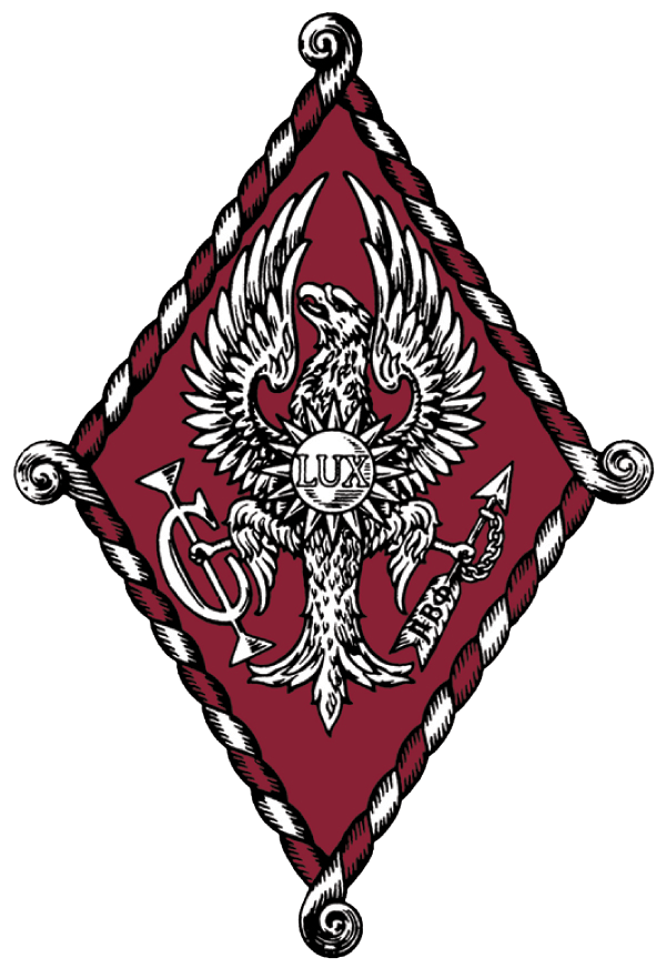 Pi Phi's coat of arms. A diamond shape with an eagle in the middle wings sprawled. The eagle is holding IC in one talon and Pi Phi's golden arrow in the other talon. In the center is a sun with LUX written
