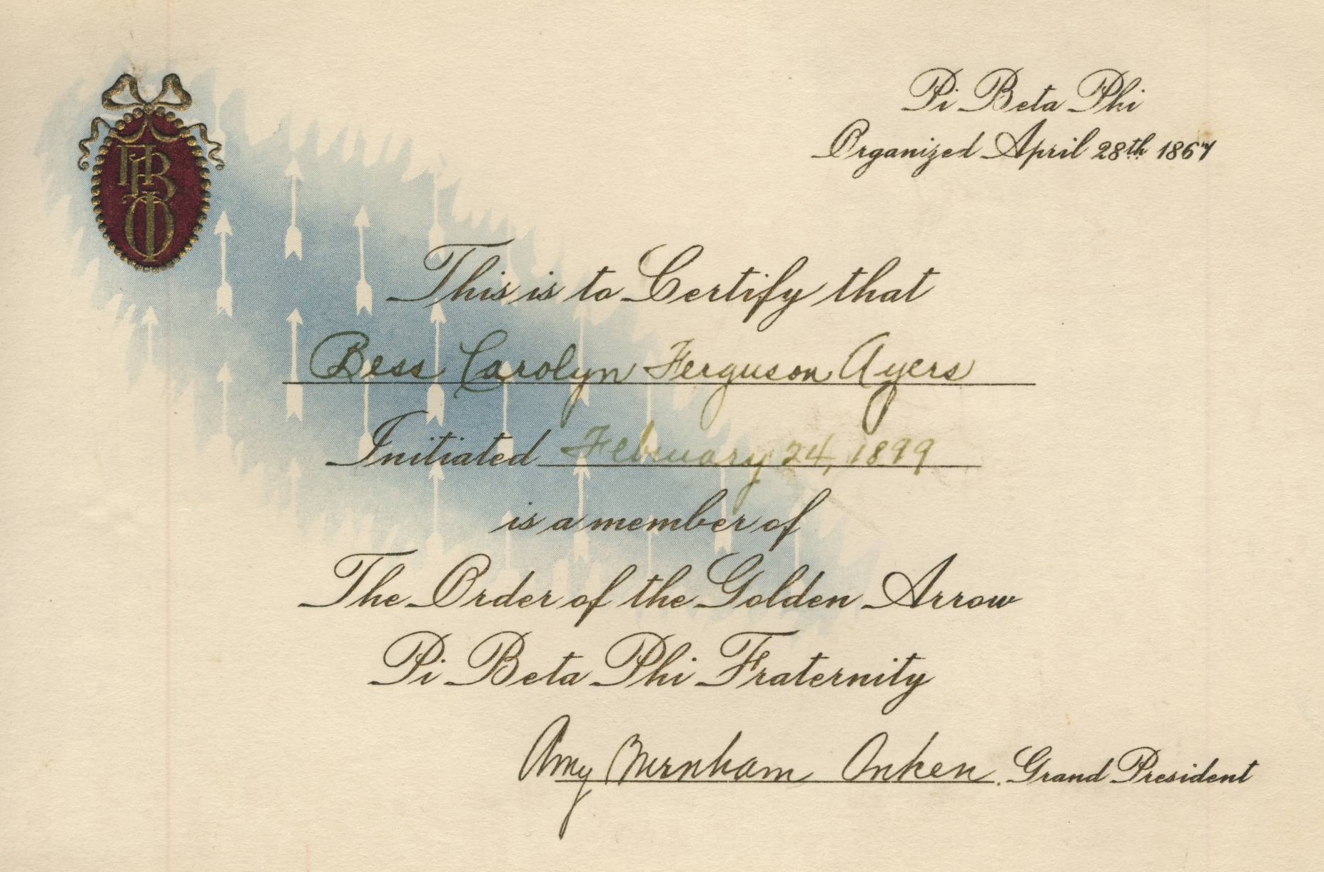 Historical Pi Beta Phi Order of the Golden Arrow membership certificate initiated February 24 with decorative arrow watermark and cursive script