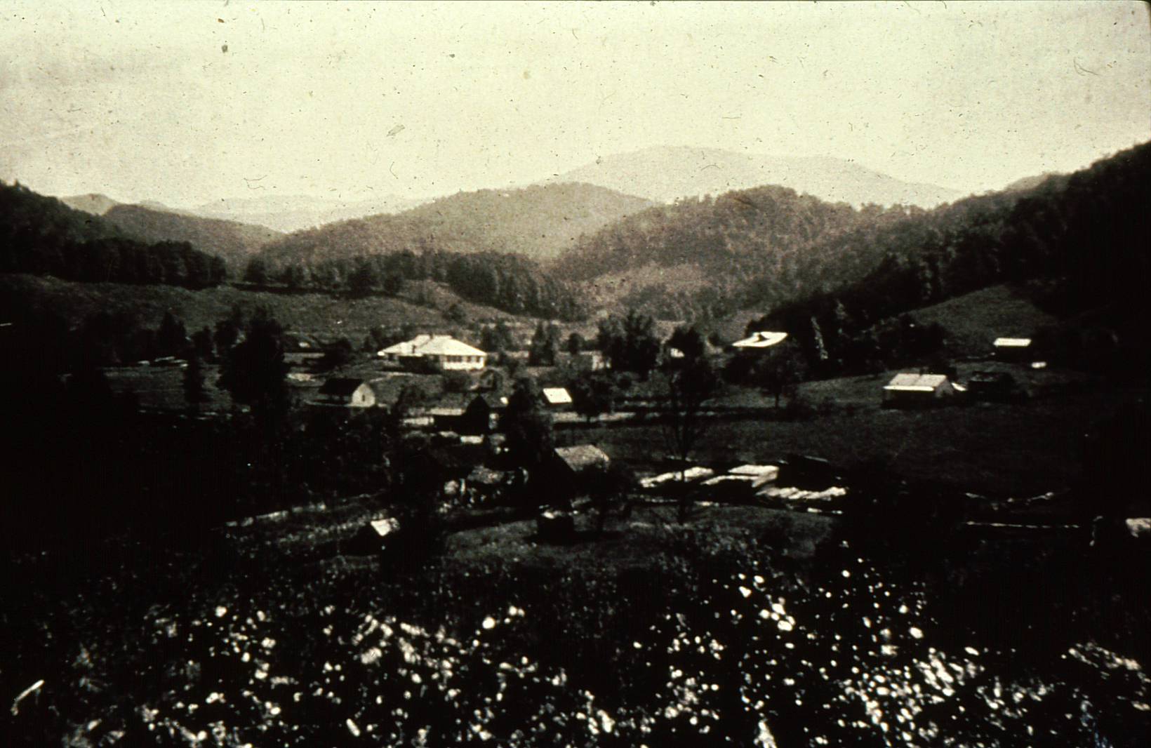 Black and white photo of Gatlinburg in the mountains