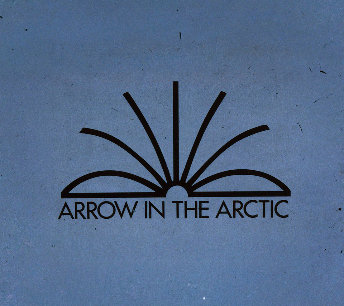 A logo that is a book lying open with Arrow in the Arctic underneath