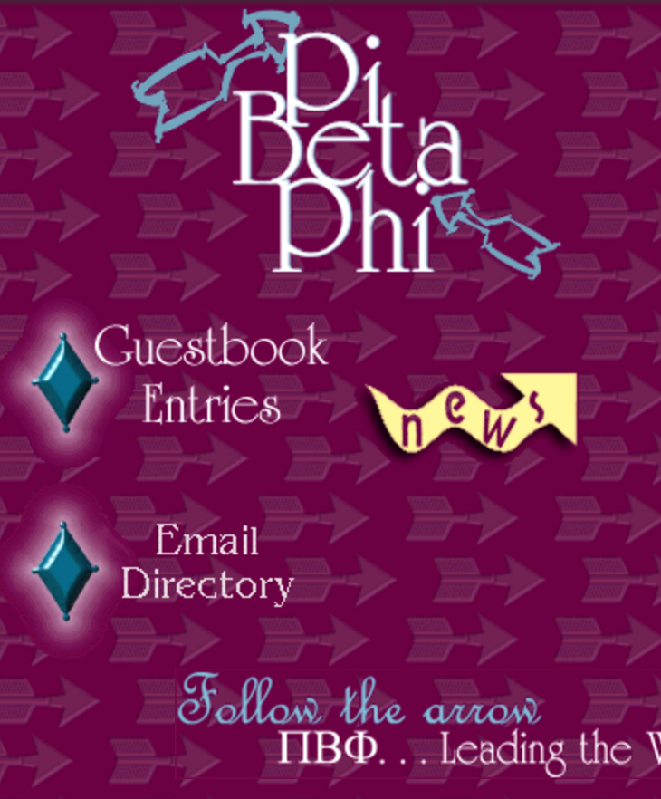 Screenshot of Pi Beta Phi website page with wine pattern background and stacked Pi Beta Phi text with arrows