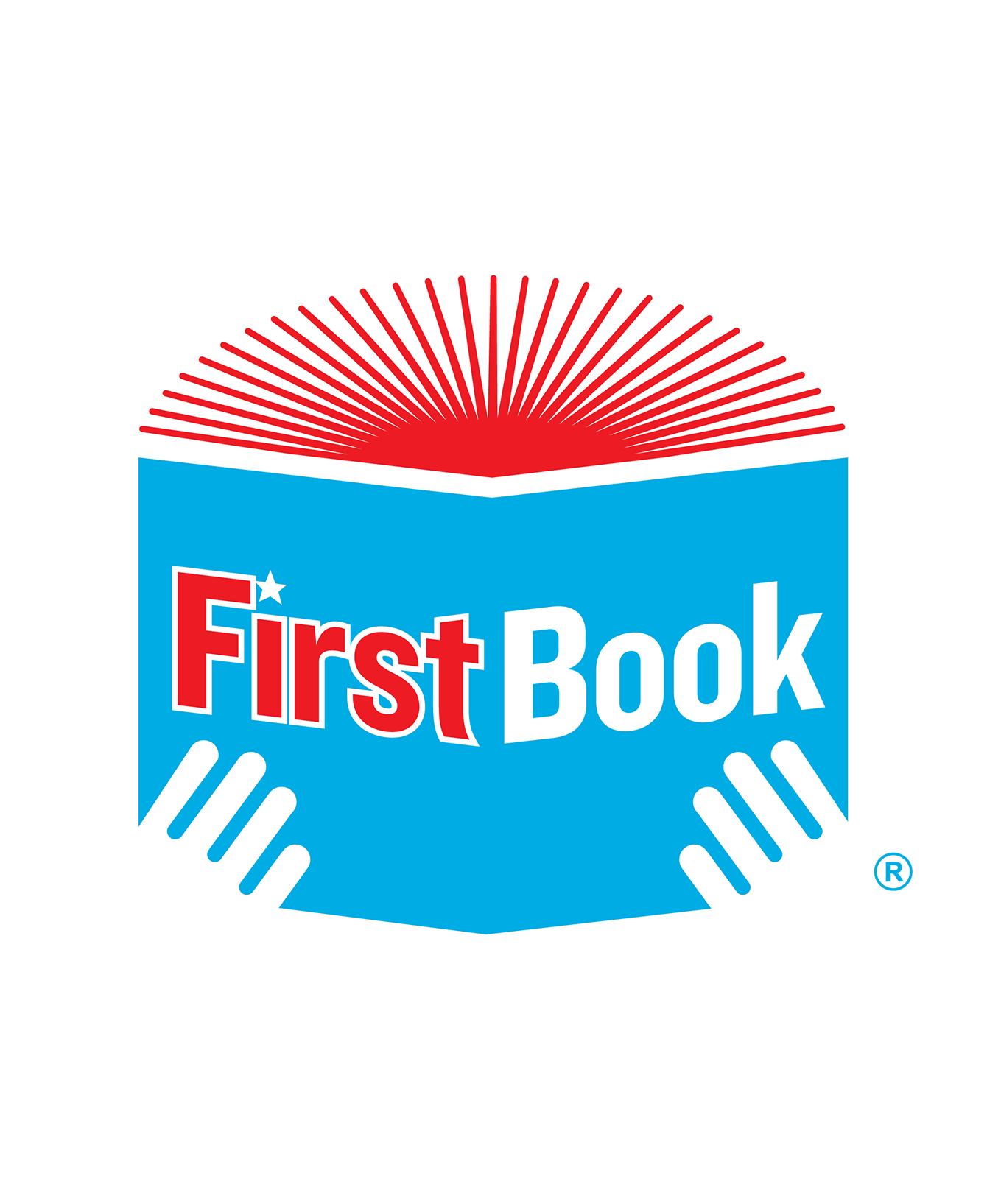 Logo of a blue book open with red pages and hands holding the book. It says First Book