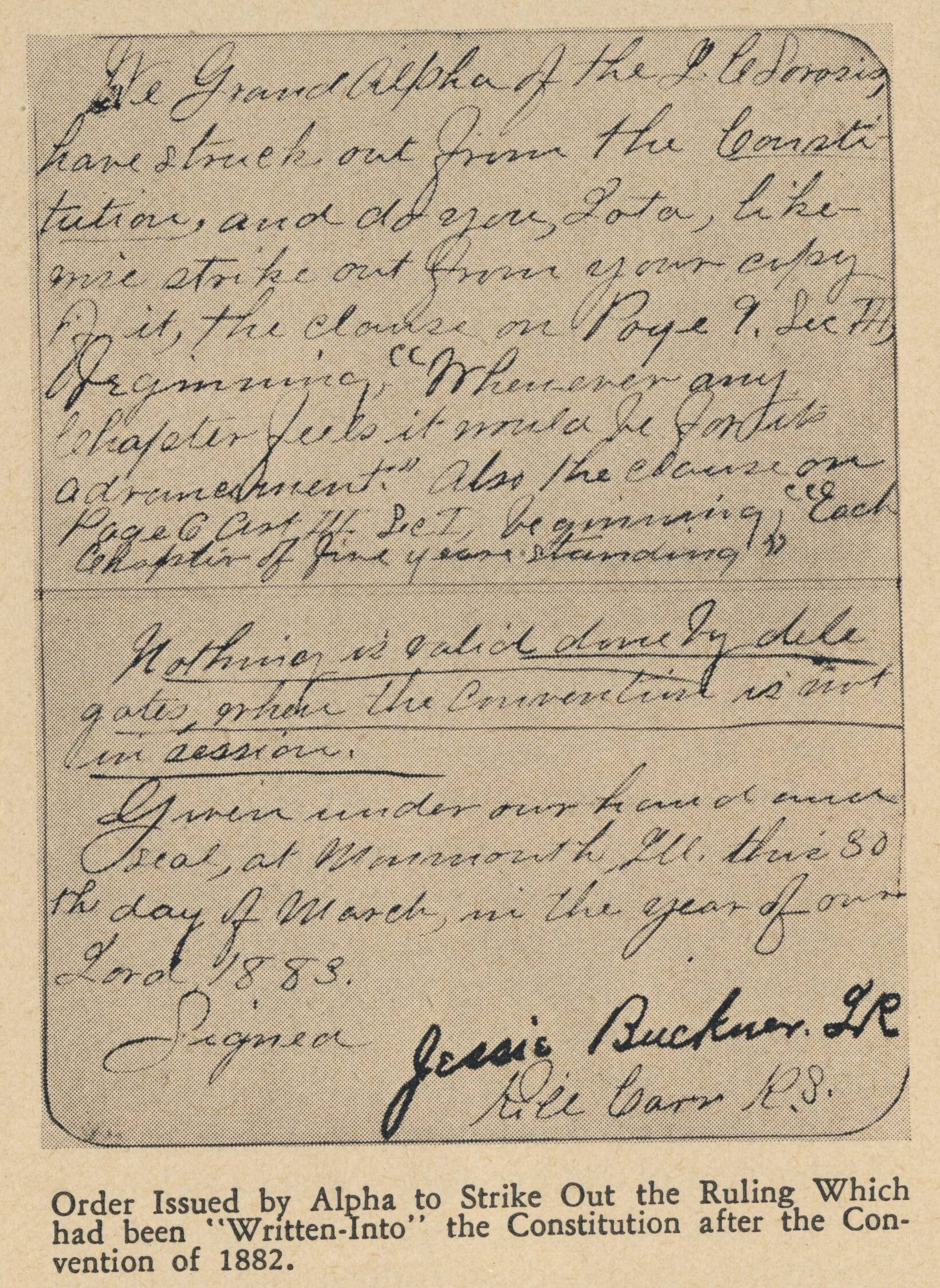 A handwritten note dated back to the 1882 Convention