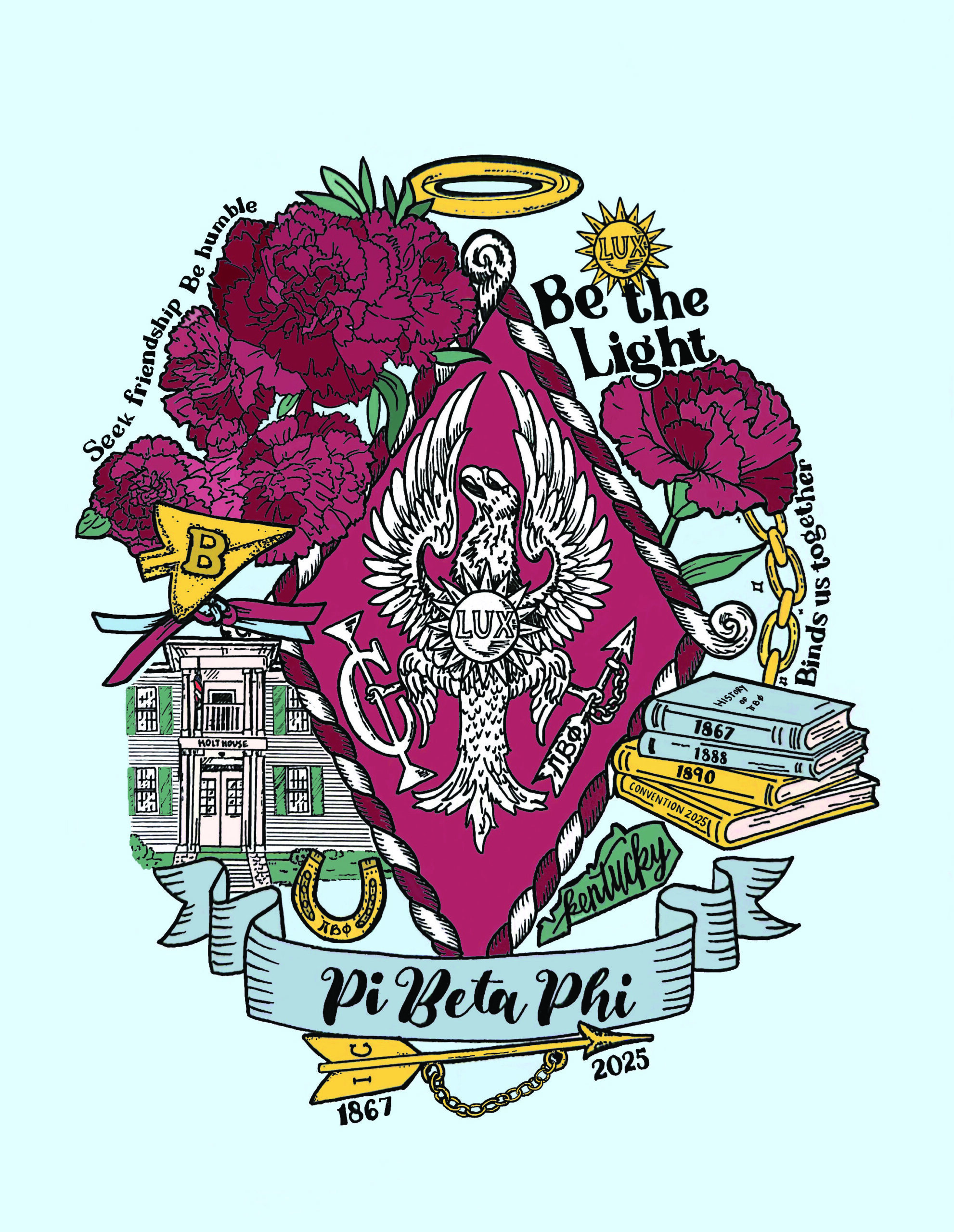Artwork of many Pi Phi symbols including the crest, wine carnations, Beta pin, golden arrow badge, books, halo, LUX