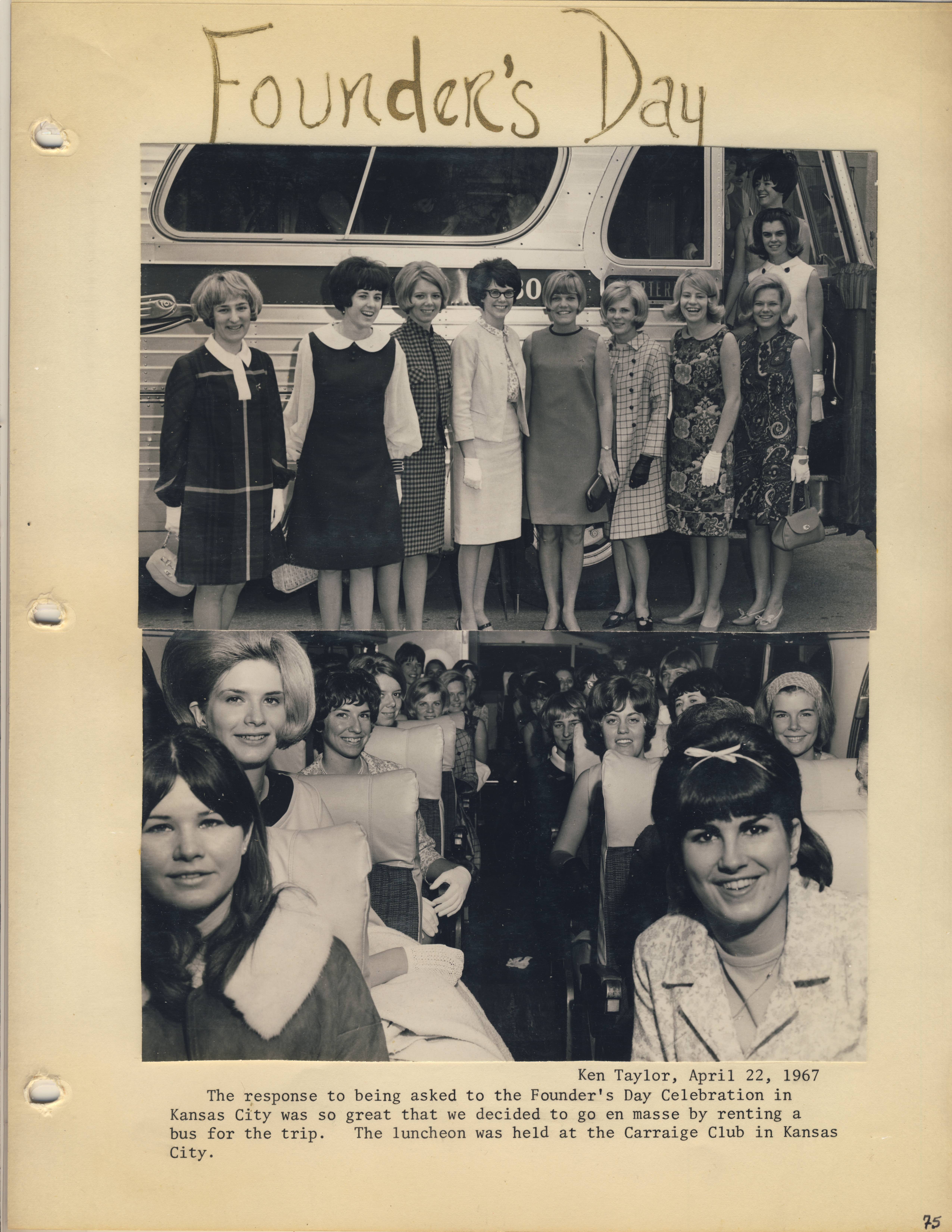 Scrapbook page with Founder's Day written on the top. There are two photos on the page, one of members standing in front of a bus and another with members sitting inside the bus