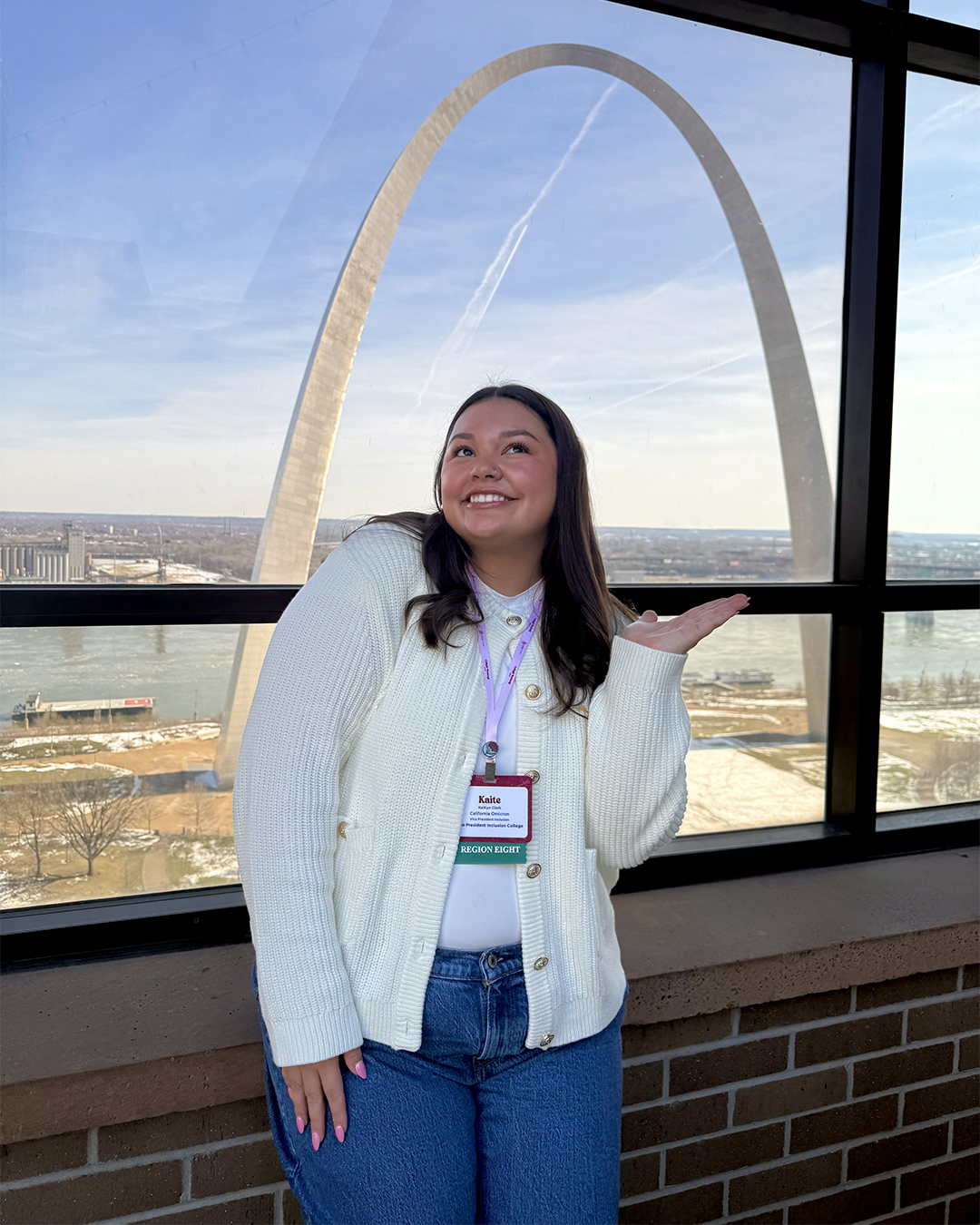 One member standing in front of a window where you can see the St. Louis arch behind them
