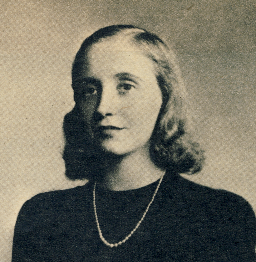 Historical sepia-toned headshot of Margaret Truman Daniel wearing a black shirt and pearl necklace in front of a beige background