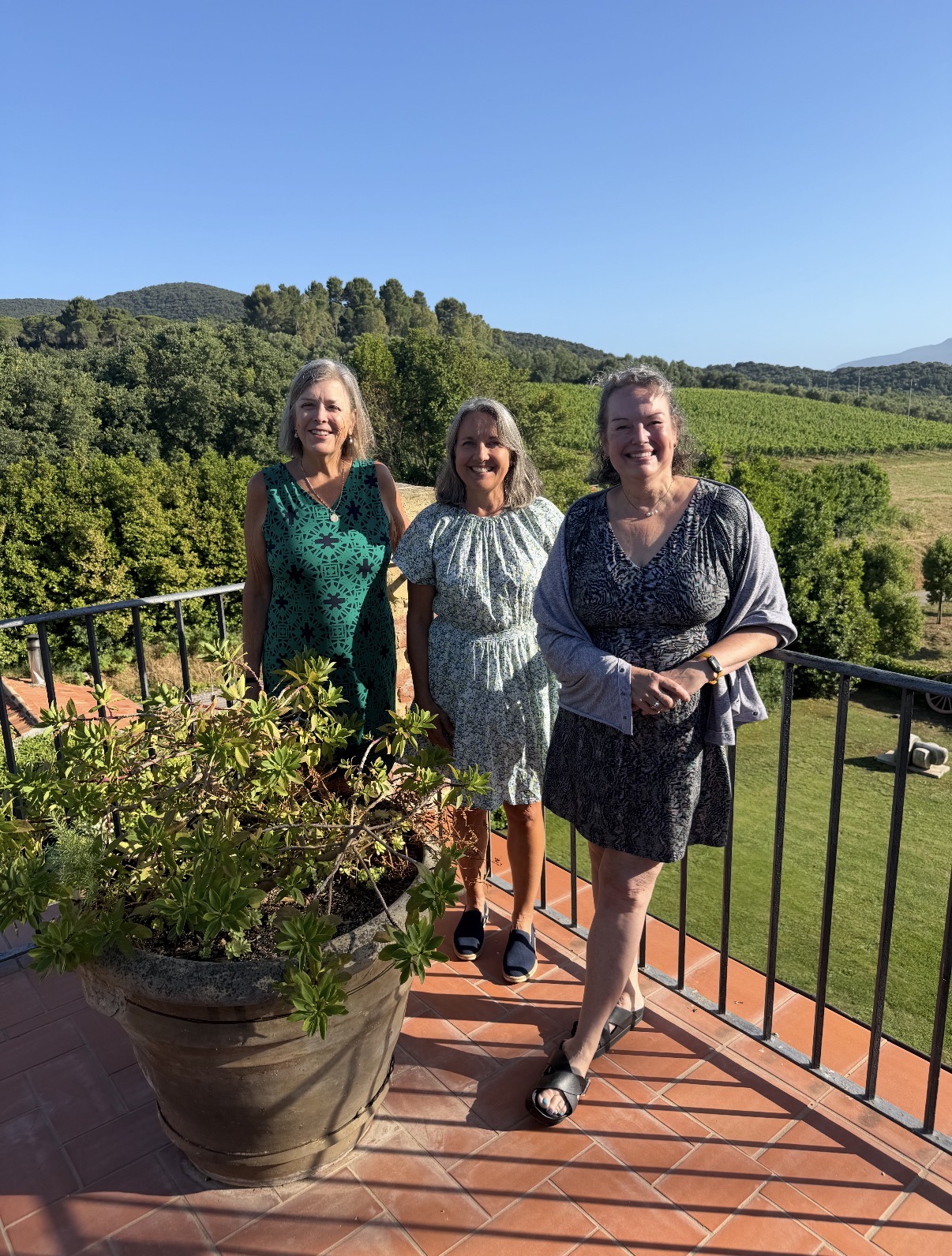 Three members standing on a balcony in front of hills