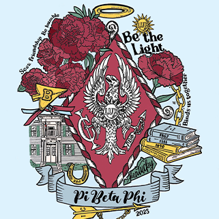 Illustration montage of Pi Phi symbols such as the Pi Phi crest, wine carnations, halo and Holt House